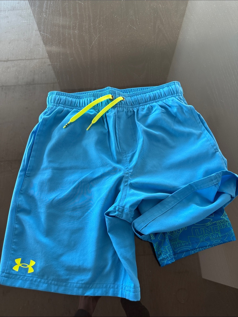 Under Armour Boys' Bright Blue Athletic Swim Shorts with Neon Drawstring
